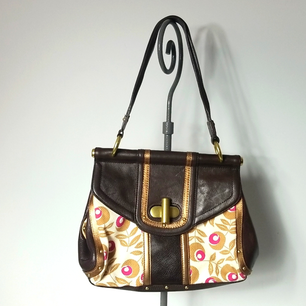 KENNETH COLE  LEATHER PURSE BROWN  WITH FLORAL DES